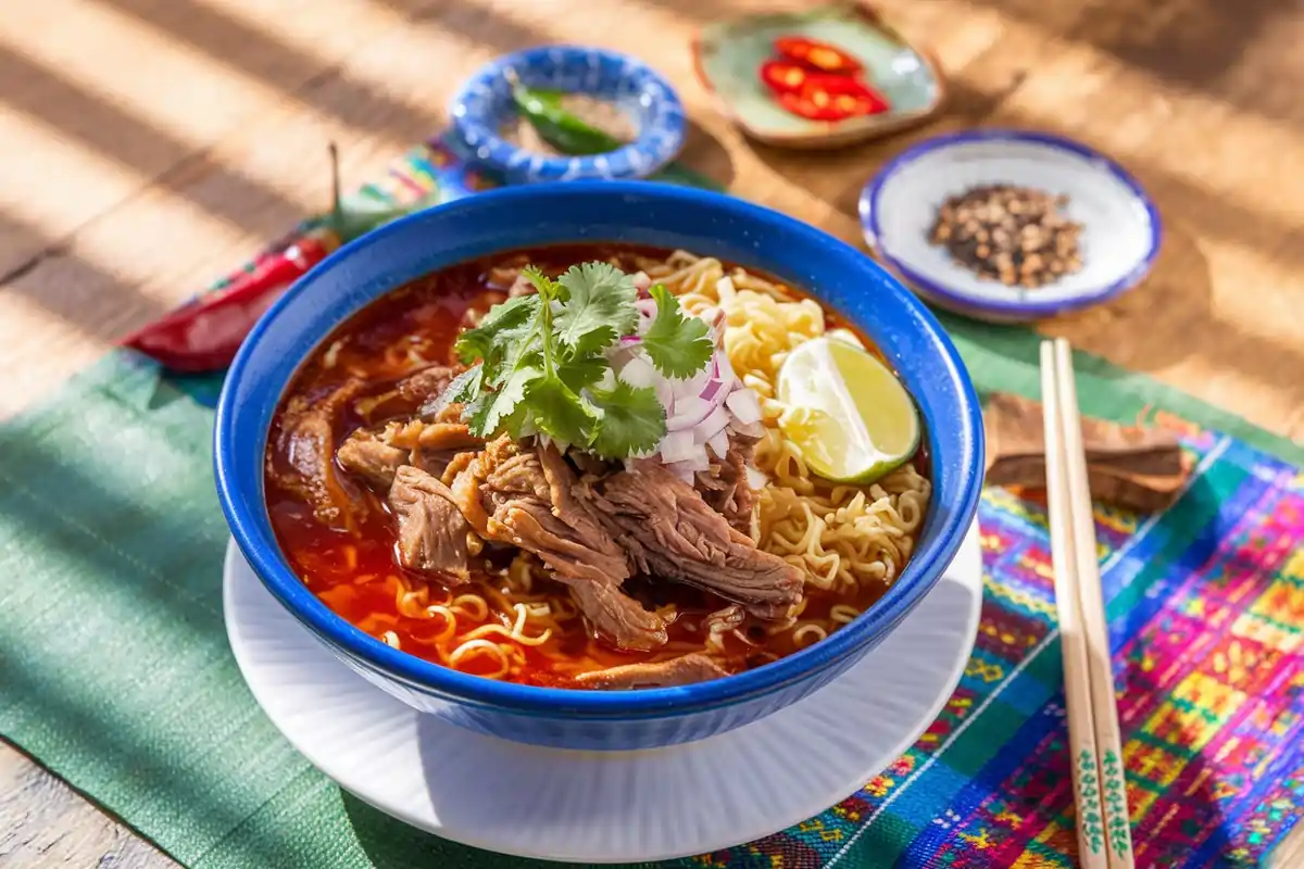 A close-up of a bowl of Birria Ramen featuring shredded beef, chili broth, and fresh toppings, set on a rustic wooden table with vibrant props.