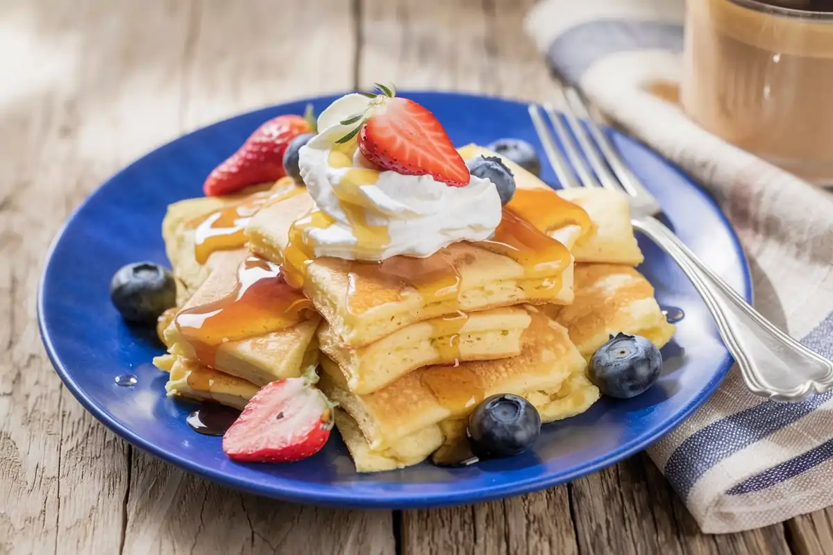 A plate of fluffy scrambled pancakes with syrup, whipped cream, and fresh berries.