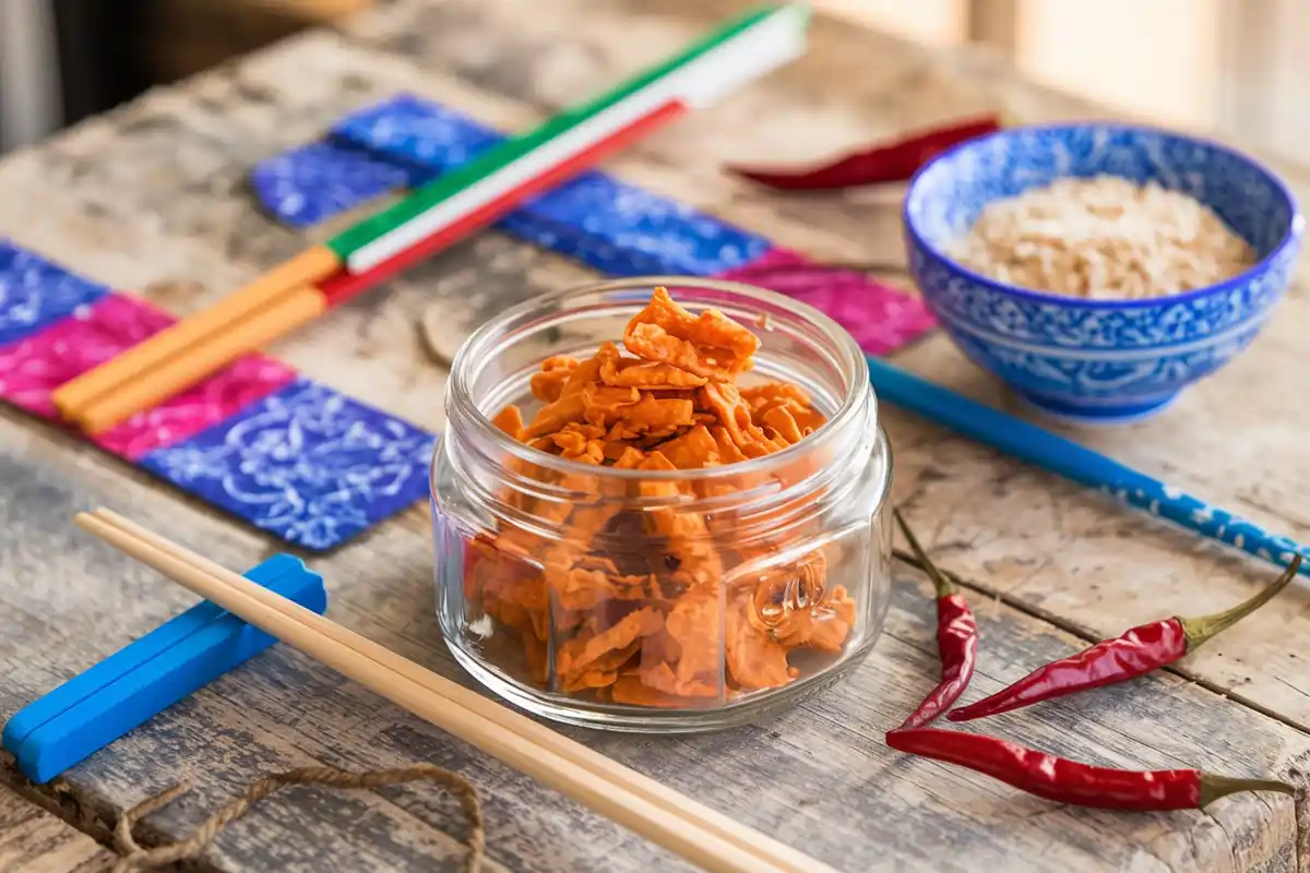 A jar of Kari Kari Chili Crisp on a wooden table surrounded by colorful Asian props like chopsticks and dried chilies.