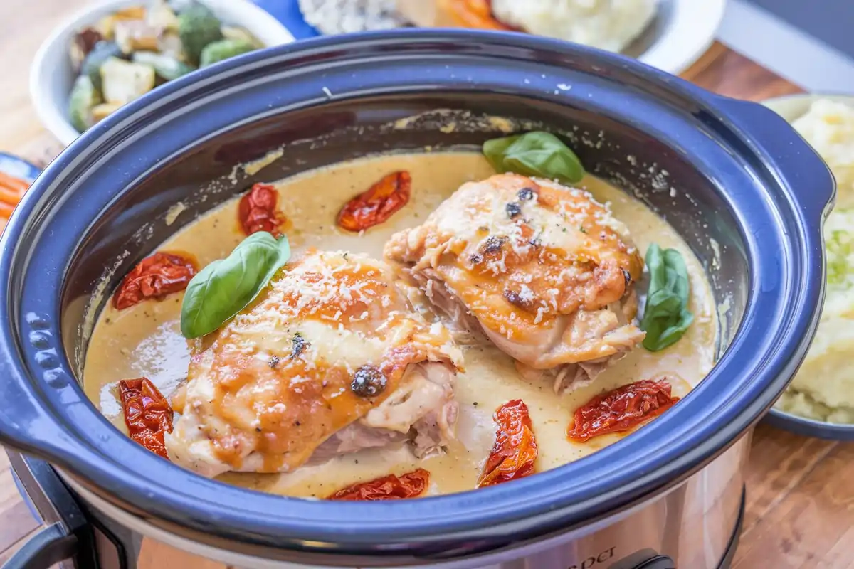 Creamy Marry Me Chicken in a crock pot, garnished with basil and sun-dried tomatoes.