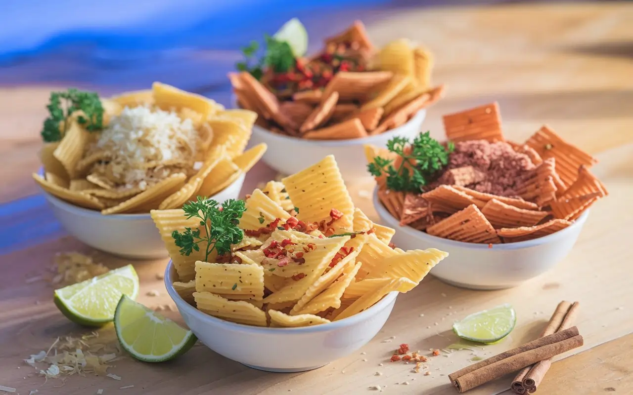 Three variations of pasta chips with unique garnishes in separate bowls