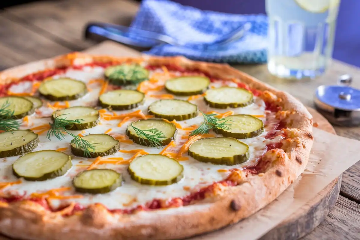 Freshly baked Pickle Pie Pizza with crispy crust, tangy pickles, and melted cheese.