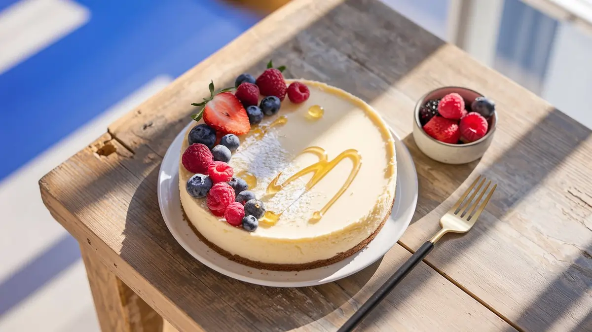 A whole 3-Ingredient No-Bake Cheesecake garnished with fresh berries, honey drizzle, and powdered sugar.