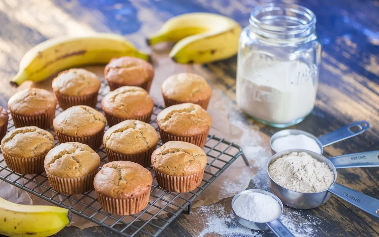 Featured image of sourdough banana muffins and baking ingredients