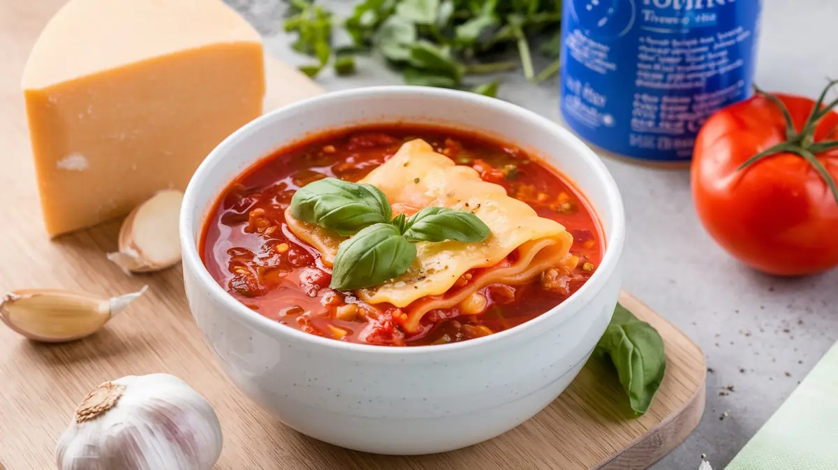 A bowl of vegetarian lasagna soup surrounded by lasagna noodles, basil, parmesan cheese, garlic, and tomatoes.