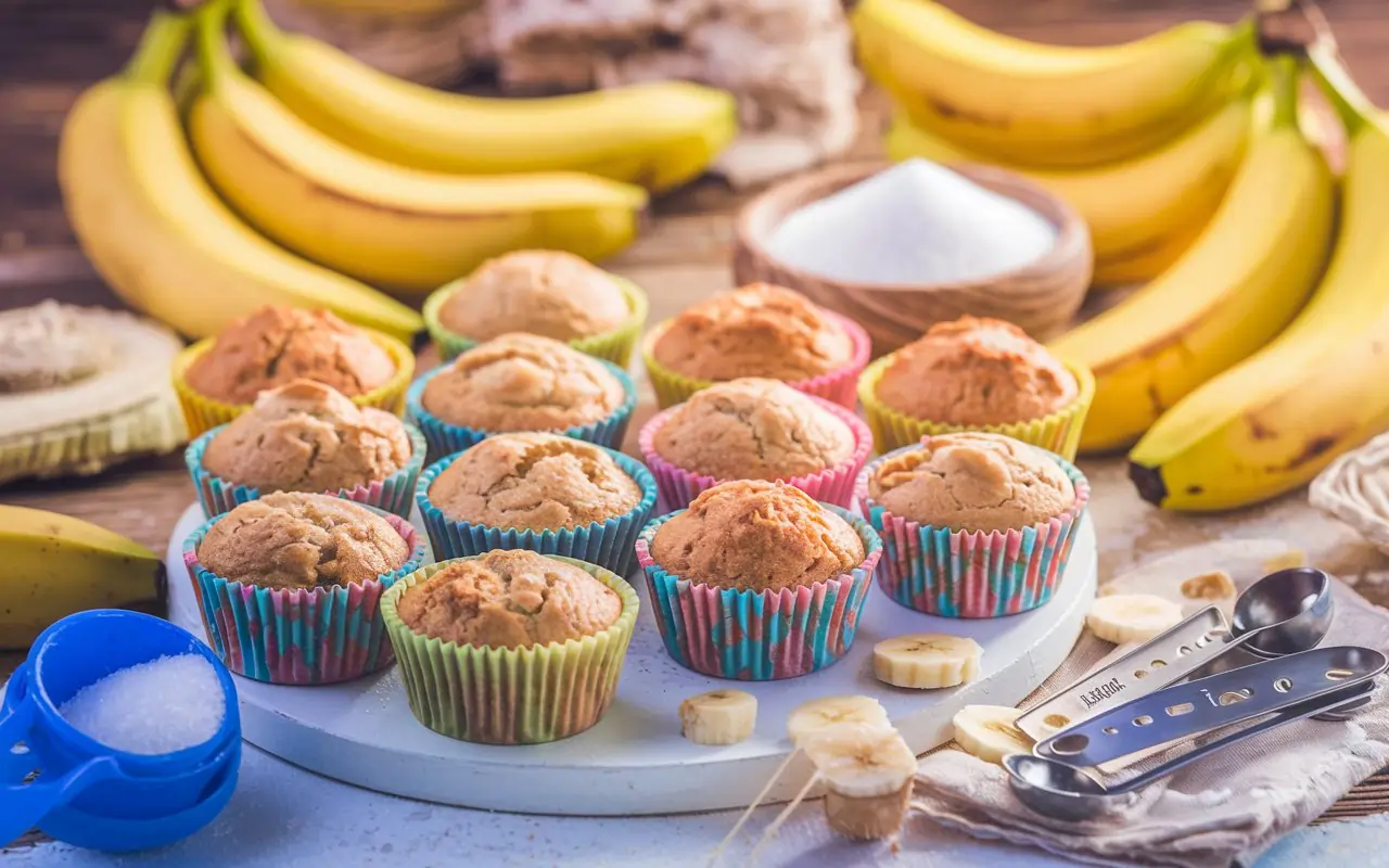 Mini banana muffins and baking ingredients in a rustic setup