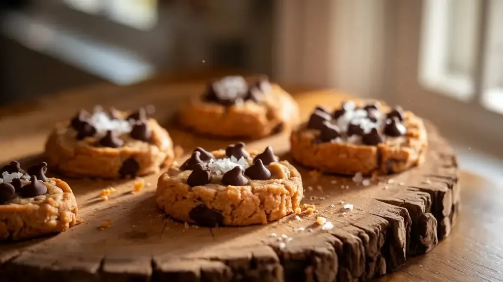 Close-up of almond butter cookies with chocolate chips on a wooden board