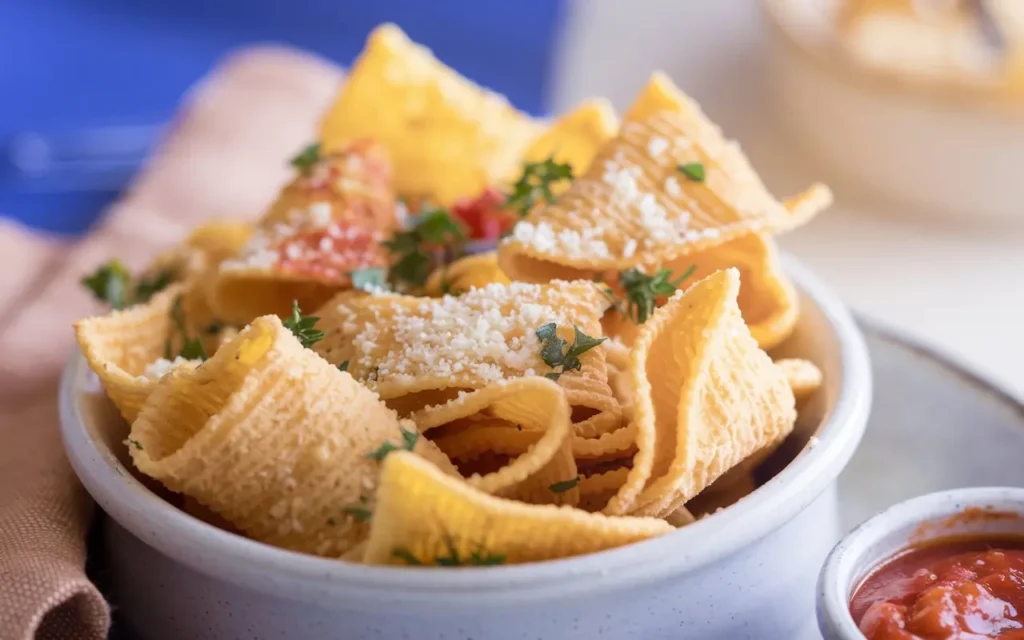 Close-up of golden, crispy pasta chips with parmesan and parsley