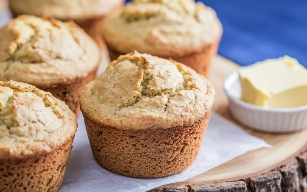 Close-up of freshly baked sourdough banana muffins on a wooden board.
