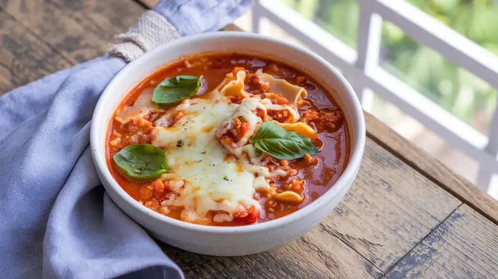 A close-up of vegetarian lasagna soup topped with fresh basil, melted cheese, and served steaming hot.
