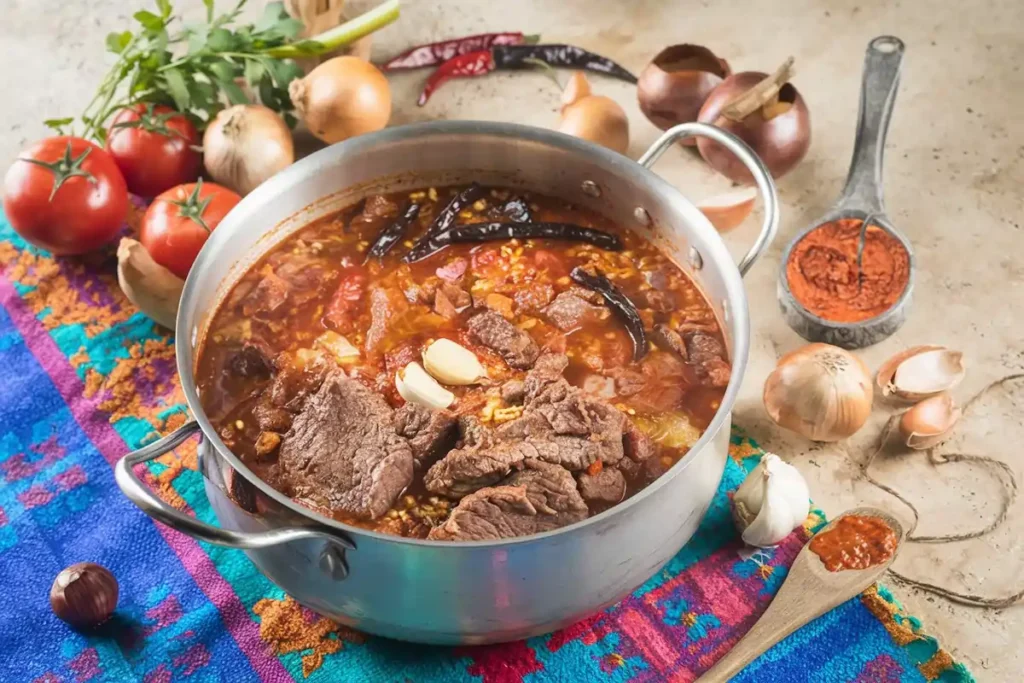 An overhead shot of Birria stew simmering in a pot with beef and chilies, surrounded by fresh ingredients like onions and tomatoes on a rustic table