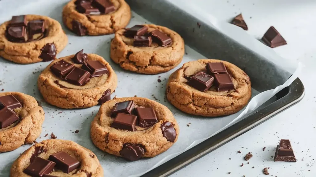 Baking tray with banana mash cookies featuring chocolate chunks