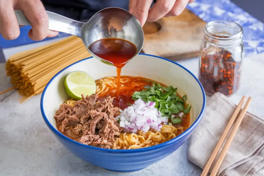 A chef assembling a bowl of Birria Ramen by pouring chili broth over noodles and topping it with beef, cilantro, and onions.