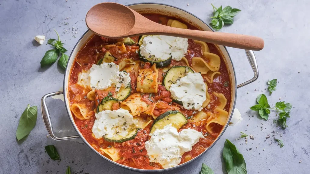 Overhead view of a pot of vegetarian lasagna soup filled with rich tomato broth, noodles, and garnished with herbs and ricotta cheese.