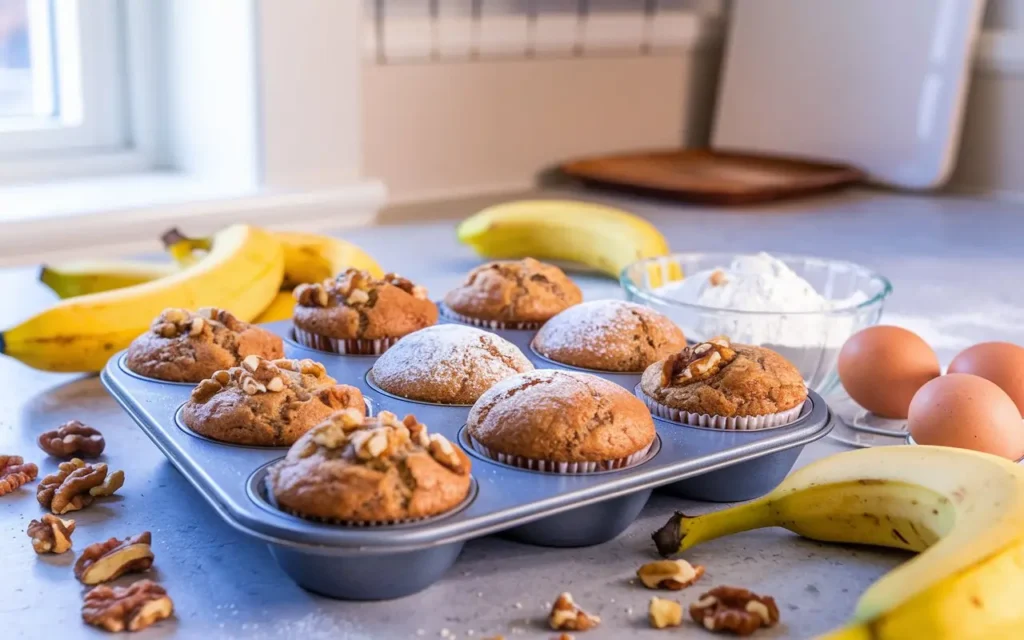 Overhead shot of sourdough banana muffins in a tin with garnishes.