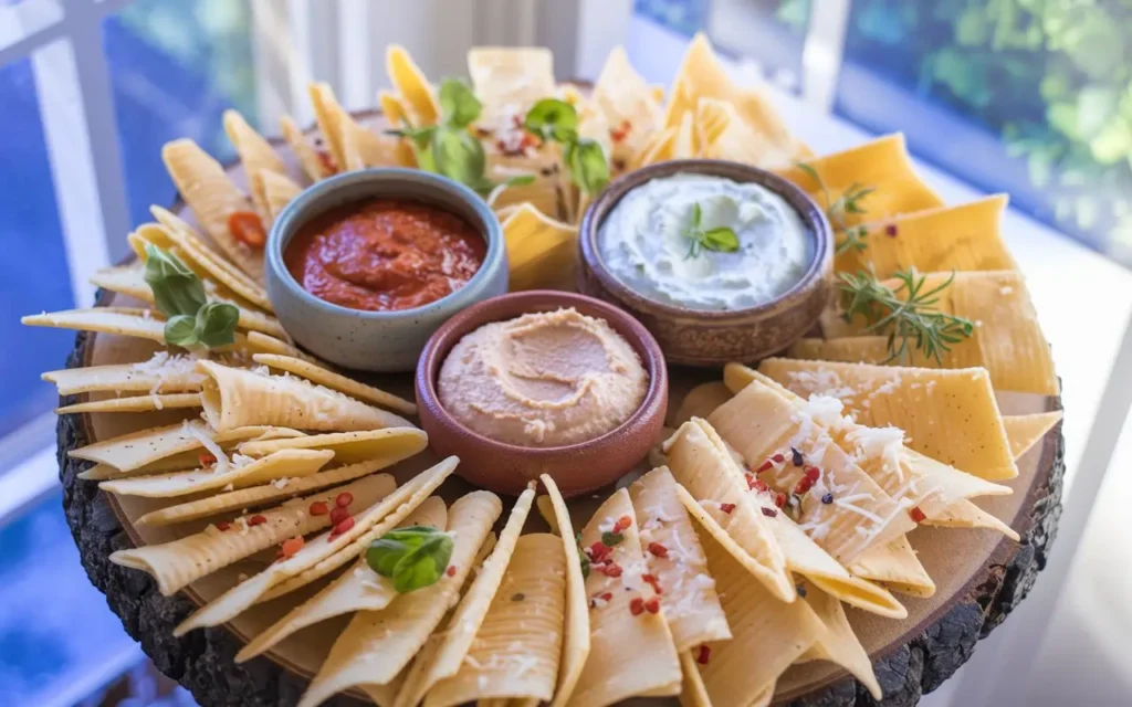 Overhead view of pasta chips with marinara, hummus, and tzatziki dips.