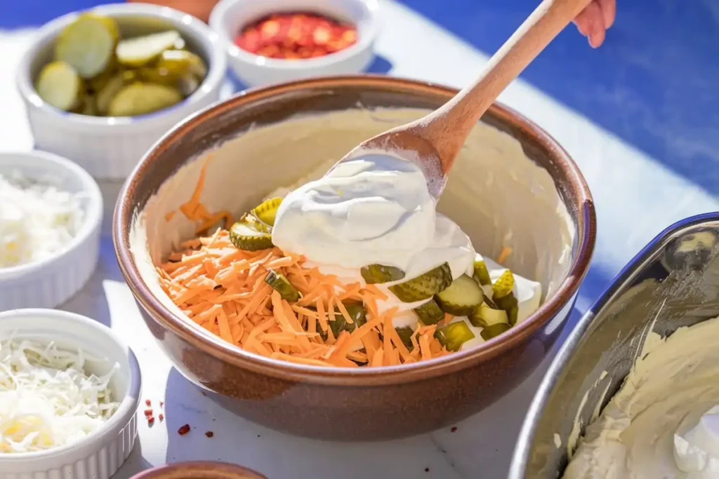 A bowl of creamy Pickle Pie Pizza Dip ingredients being stirred with a wooden spoon.