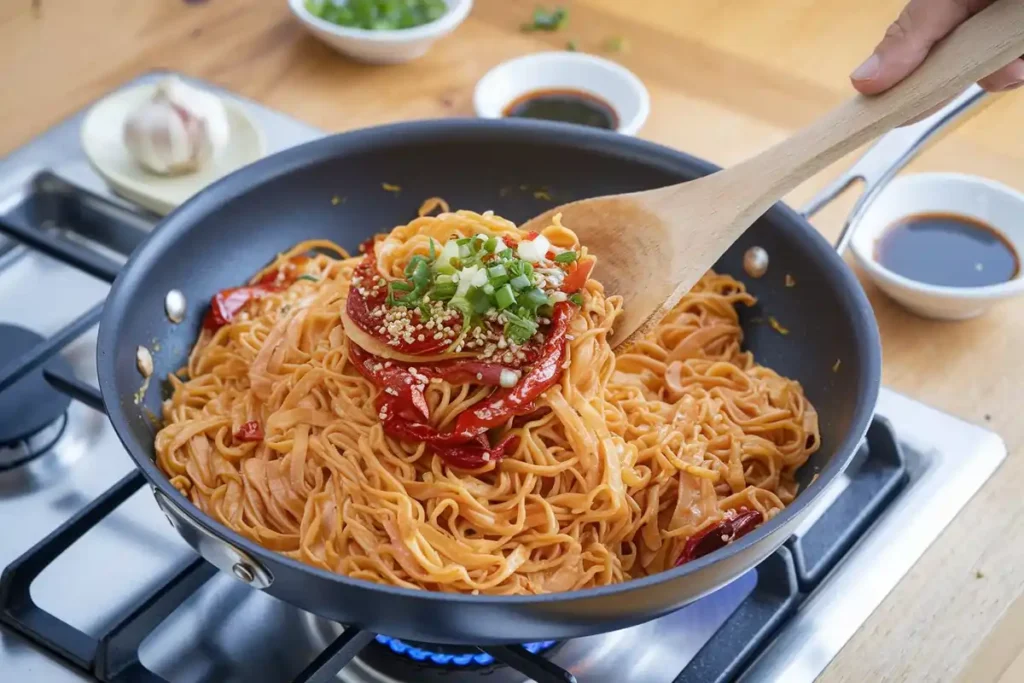 A pan of noodles being mixed with Kari Kari Chili Crisp, steam rising, and garnished with green onions and sesame seeds.
