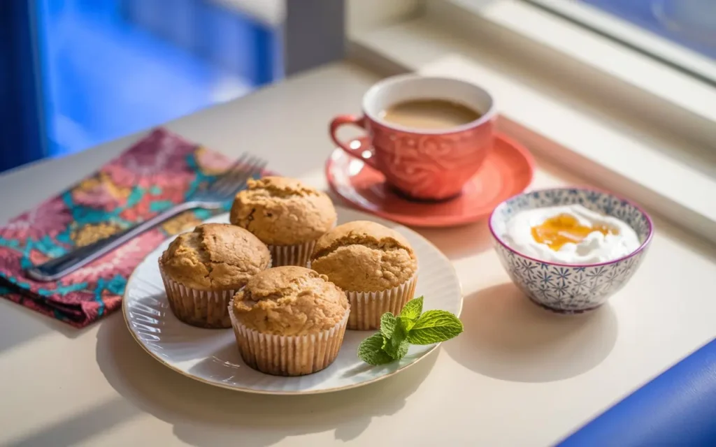 Breakfast table with sourdough banana muffins, coffee, and yogurt0