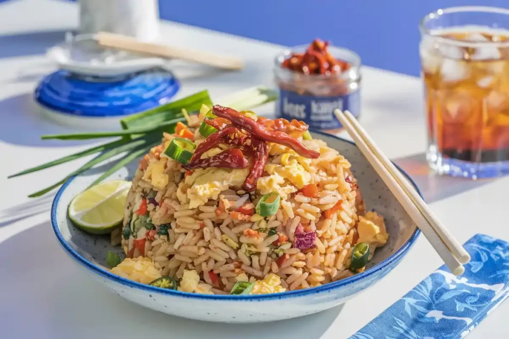 A bowl of Crispy Chili Oil Fried Rice topped with Kari Kari Chili Crisp, lime, and green onions, with chopsticks on the side.