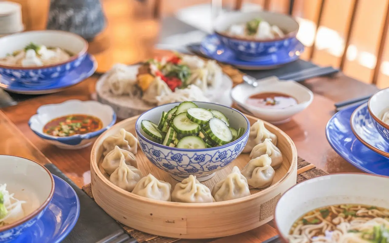 A dining table setup featuring Cucumber Salad Din Tai Fung, dumplings, and noodles.