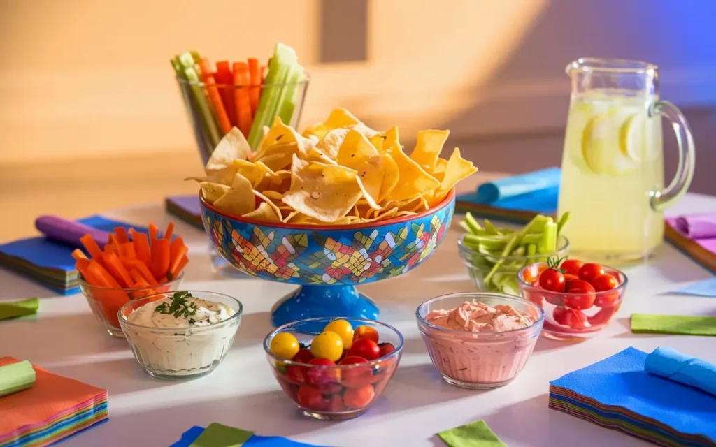 Party table setup with pasta chips, fresh vegetables, and colorful napkins