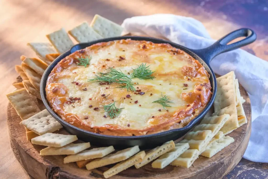 Golden and bubbly Pickle Pie Pizza Dip garnished with dill and red pepper flakes.