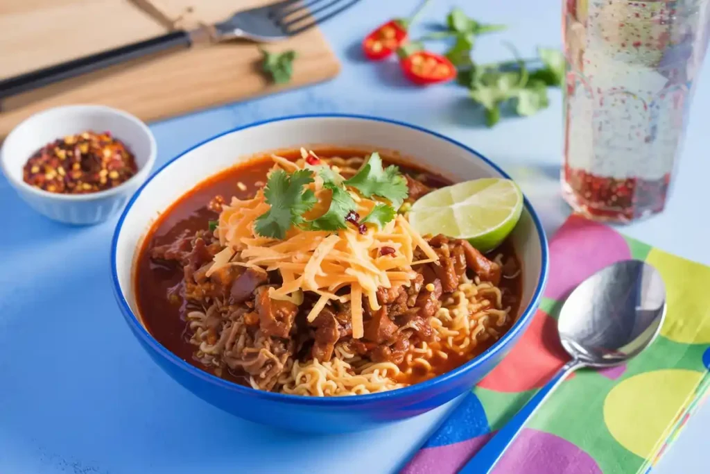 A simplified version of Birria Ramen made with instant noodles, birria meat, and chili broth, garnished with cheese and chili flakes.