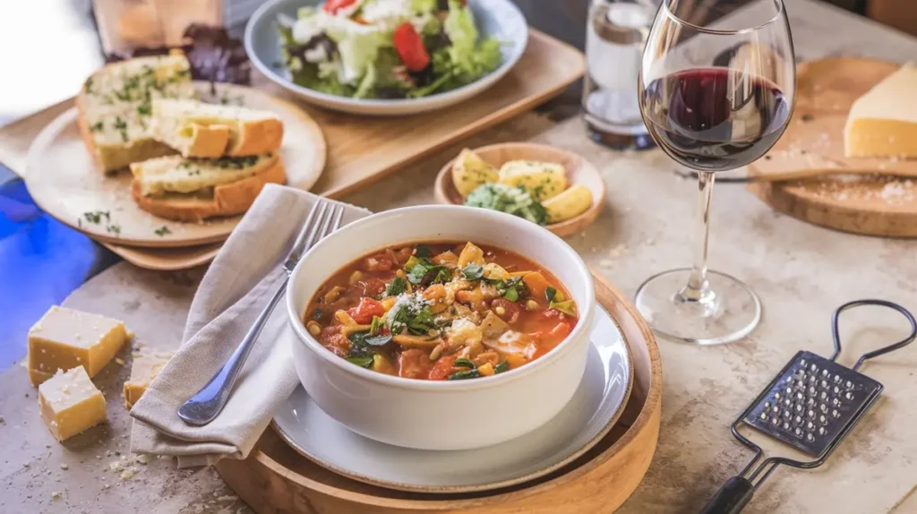 A serving setup featuring vegetarian lasagna soup with garlic bread, a salad, and a glass of red wine on a rustic table.