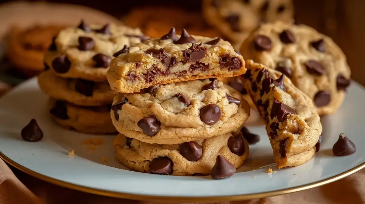 Stack of sunflower seed butter cookies with chocolate chips on a white plate