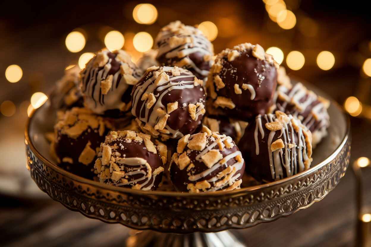 A plate of homemade Butterfinger Balls coated in chocolate