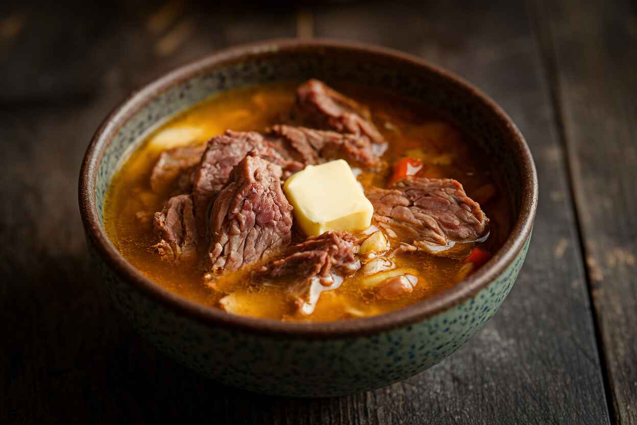 A hearty bowl of carnivore soup with beef and bone broth