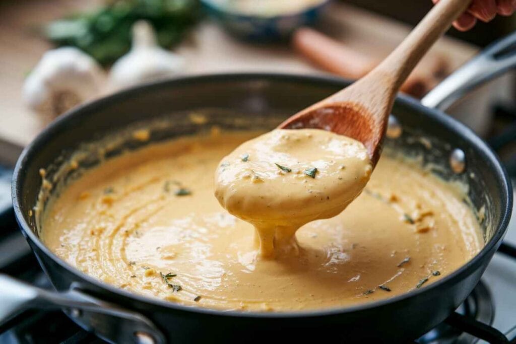 A creamy cheese sauce being stirred in a skillet with a wooden spoon.