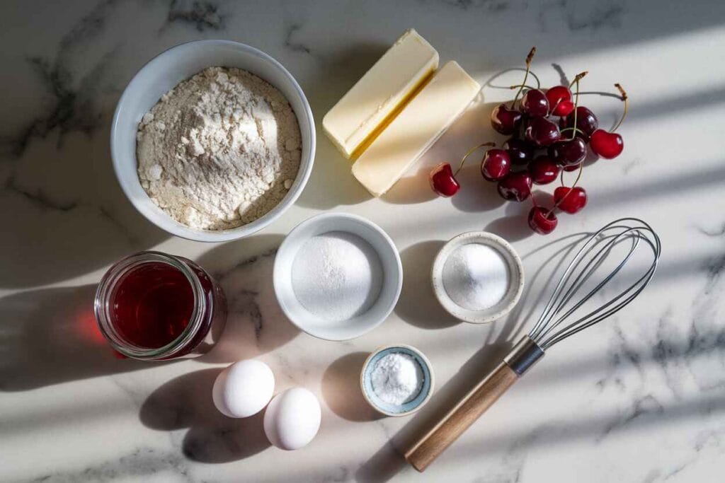 A flat lay of ingredients including flour, sugar, butter, eggs, maraschino cherries, and cherry juice