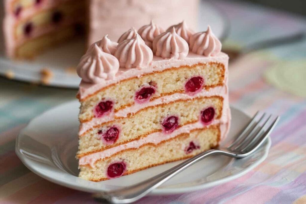 A close-up of a single slice of cherry chip cake showing vibrant cherry bits and fluffy cake layers