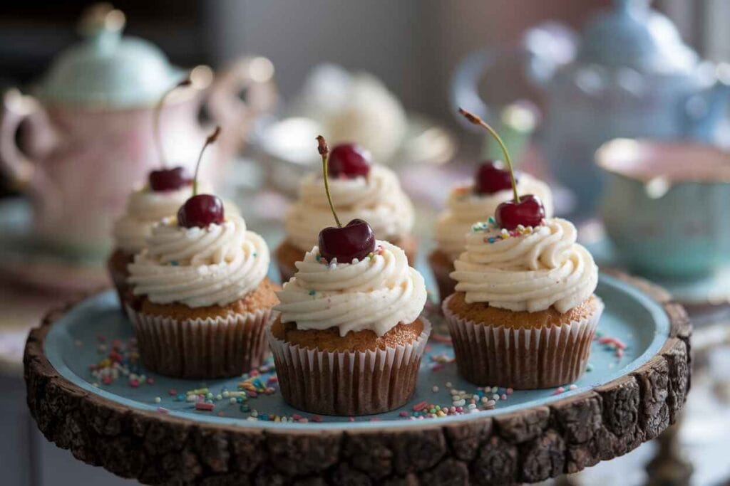 Cherry chip cupcakes topped with swirls of buttercream frosting and a maraschino cherry