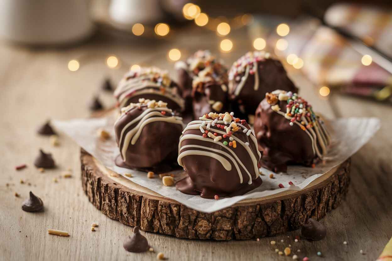 A tray of chocolate covered potato chips garnished with sprinkles and nuts