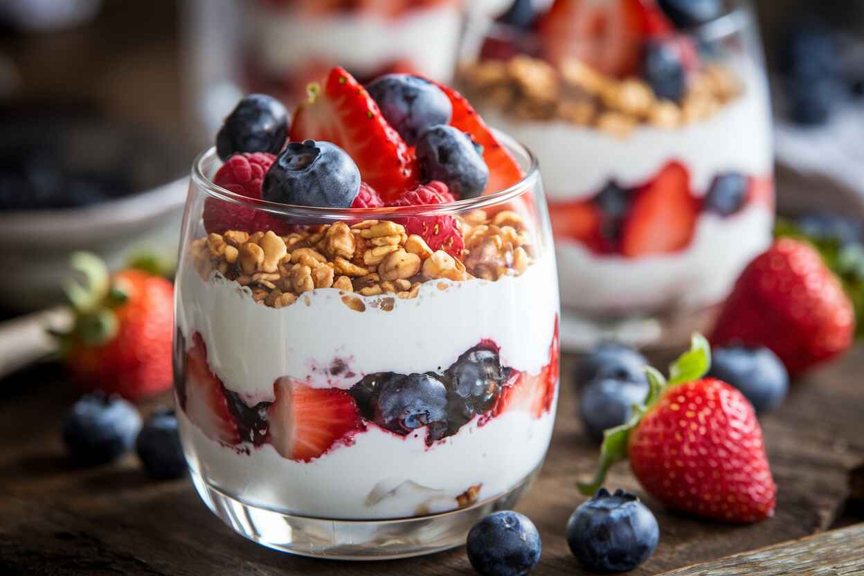 A delicious layered berry parfait cup with yogurt, granola, and fresh fruits in a glass