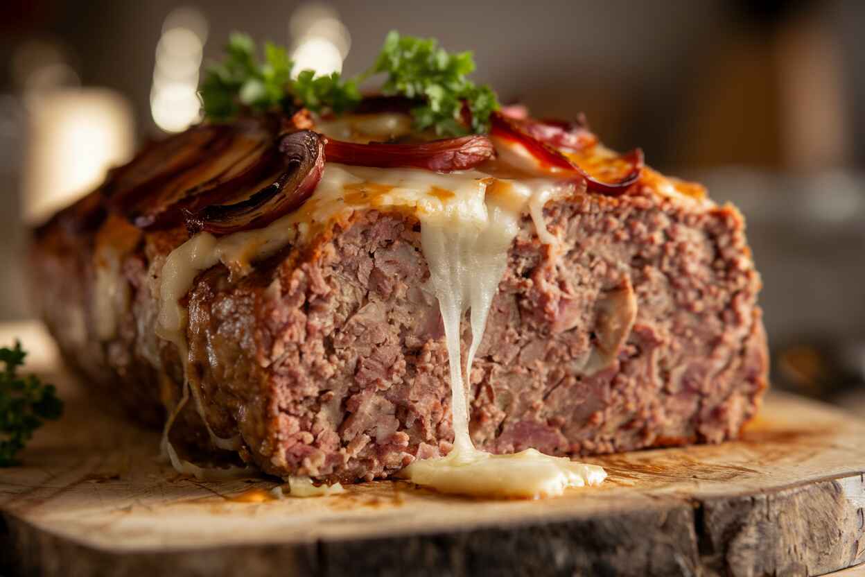 Juicy French onion meatloaf topped with caramelized onions