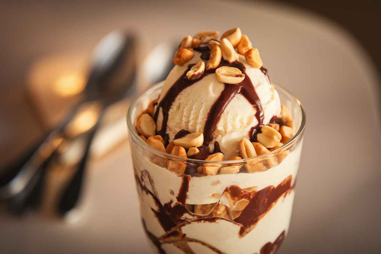 Peanut Buster Parfait with layers of ice cream, fudge, and peanuts