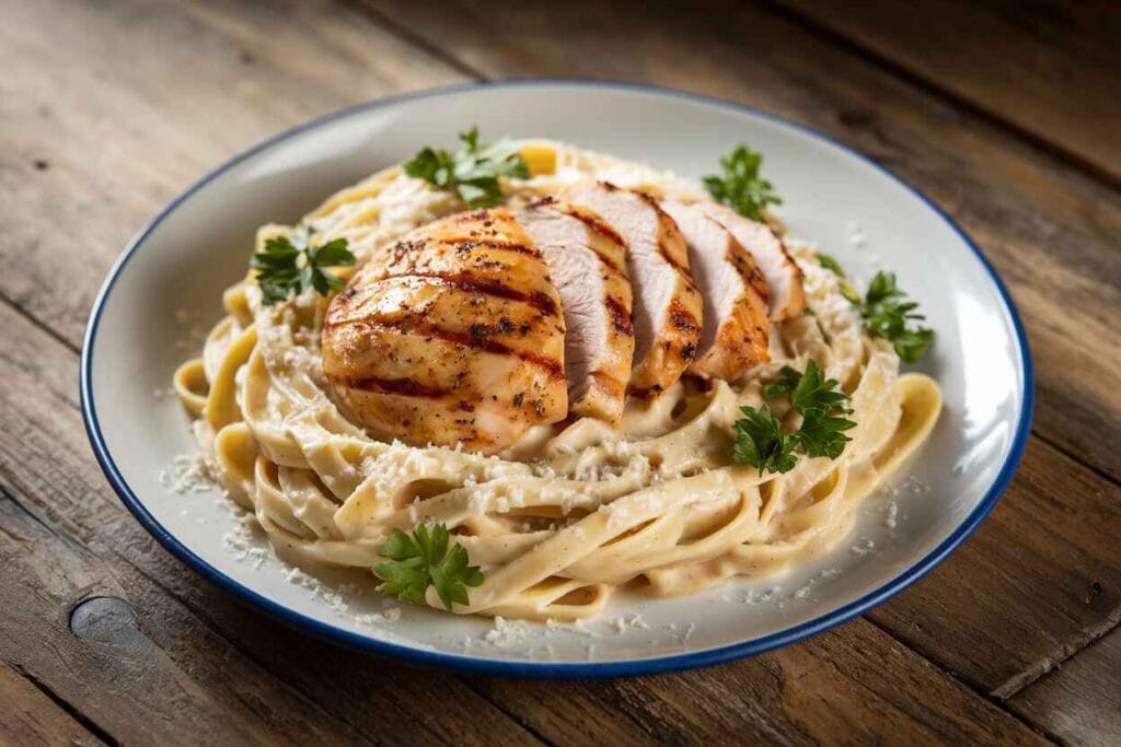 A plate of creamy chicken Alfredo pasta with parsley garnish