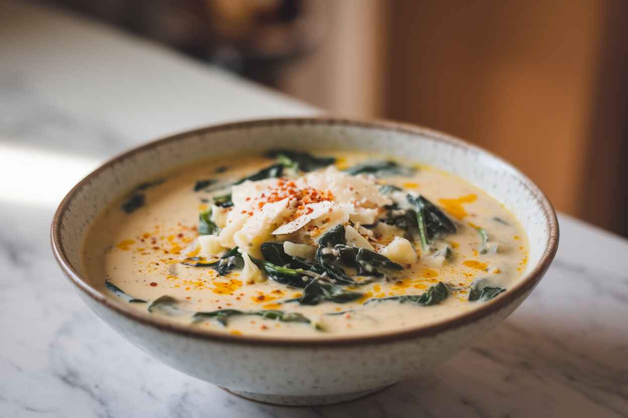 A bowl of creamy Parmesan Italian sausage soup topped with Parmesan and spinach