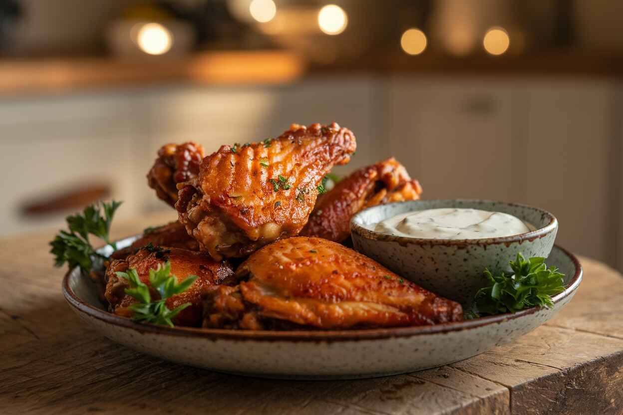 Crispy chicken wings served with a side of ranch dip