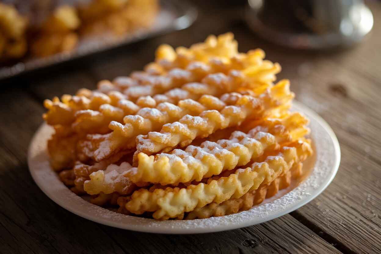 Golden funnel cake fries dusted with powdered sugar on a white plate