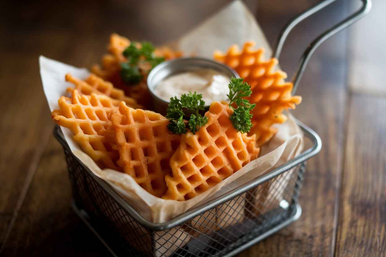 Crispy sweet potato waffle fries served in a basket with dip