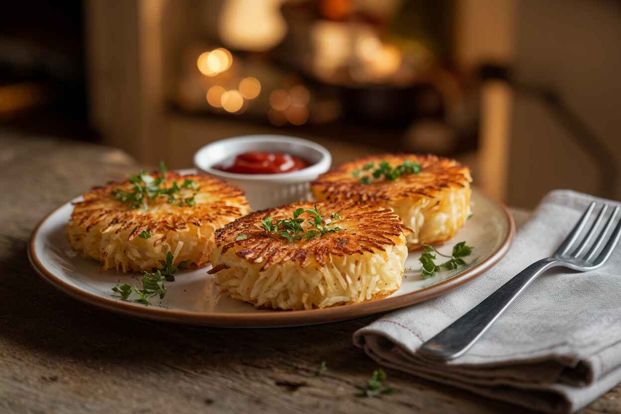 Air-fried crispy hash brown patties served on a white plate