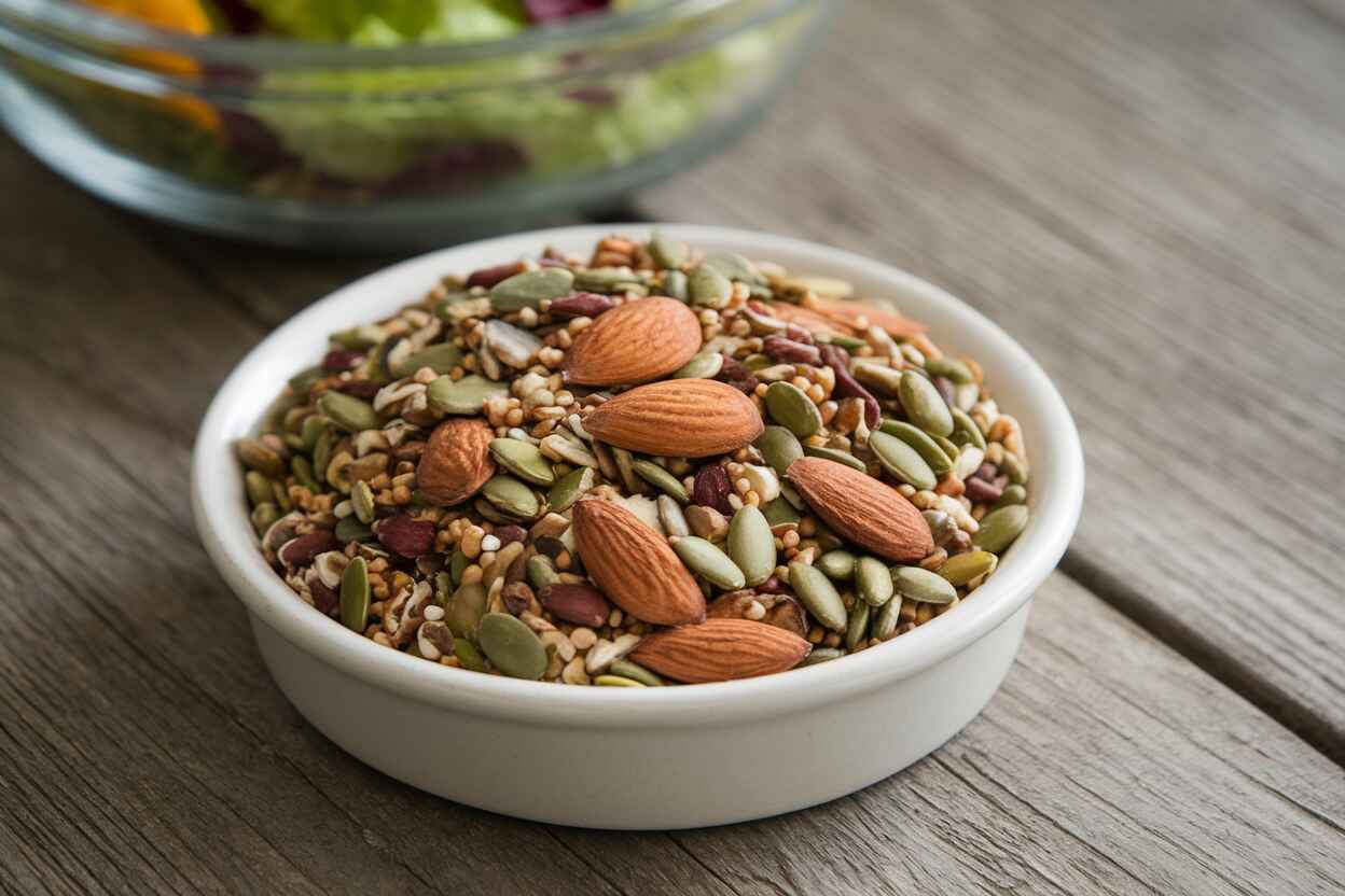 A bowl of mixed nuts and seeds with a golden toasted texture, perfect for topping salads.