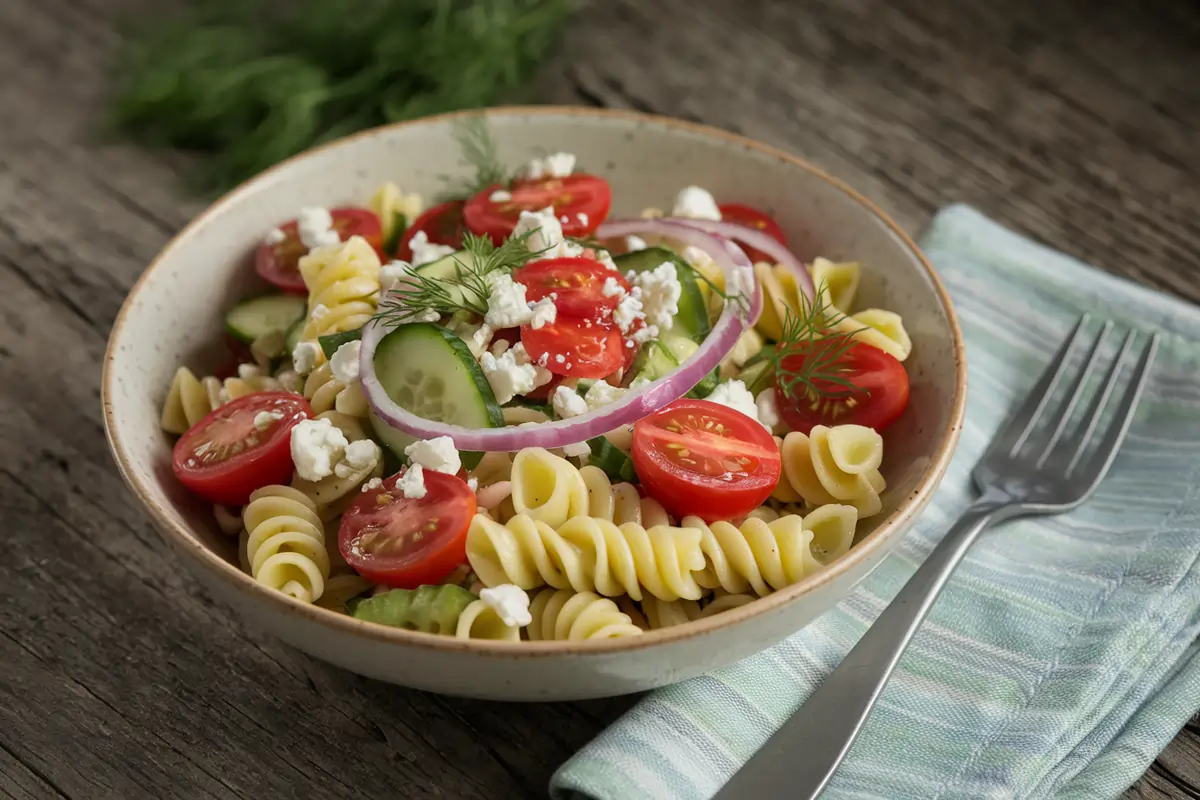 Bowl of cucumber pasta salad with tomatoes, onions, dill, and feta.