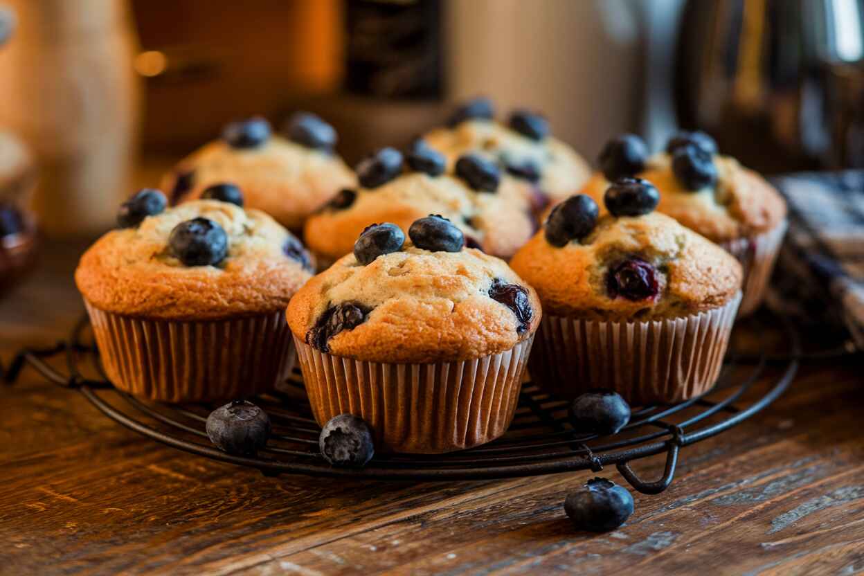 A plate of freshly baked sourdough muffins with a golden-brown top, garnished with blueberries.