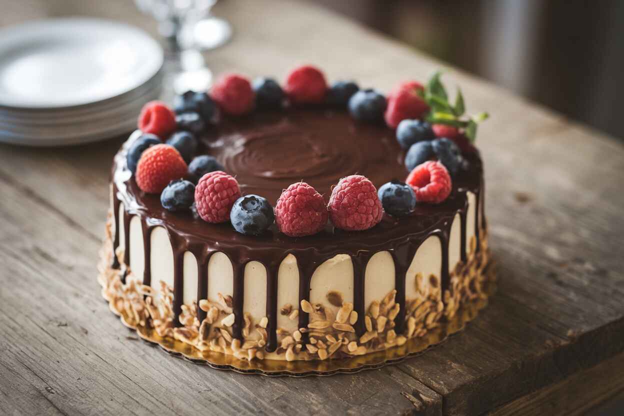 A rich chocolate Matilda Cake layered with ganache and garnished with fresh berries